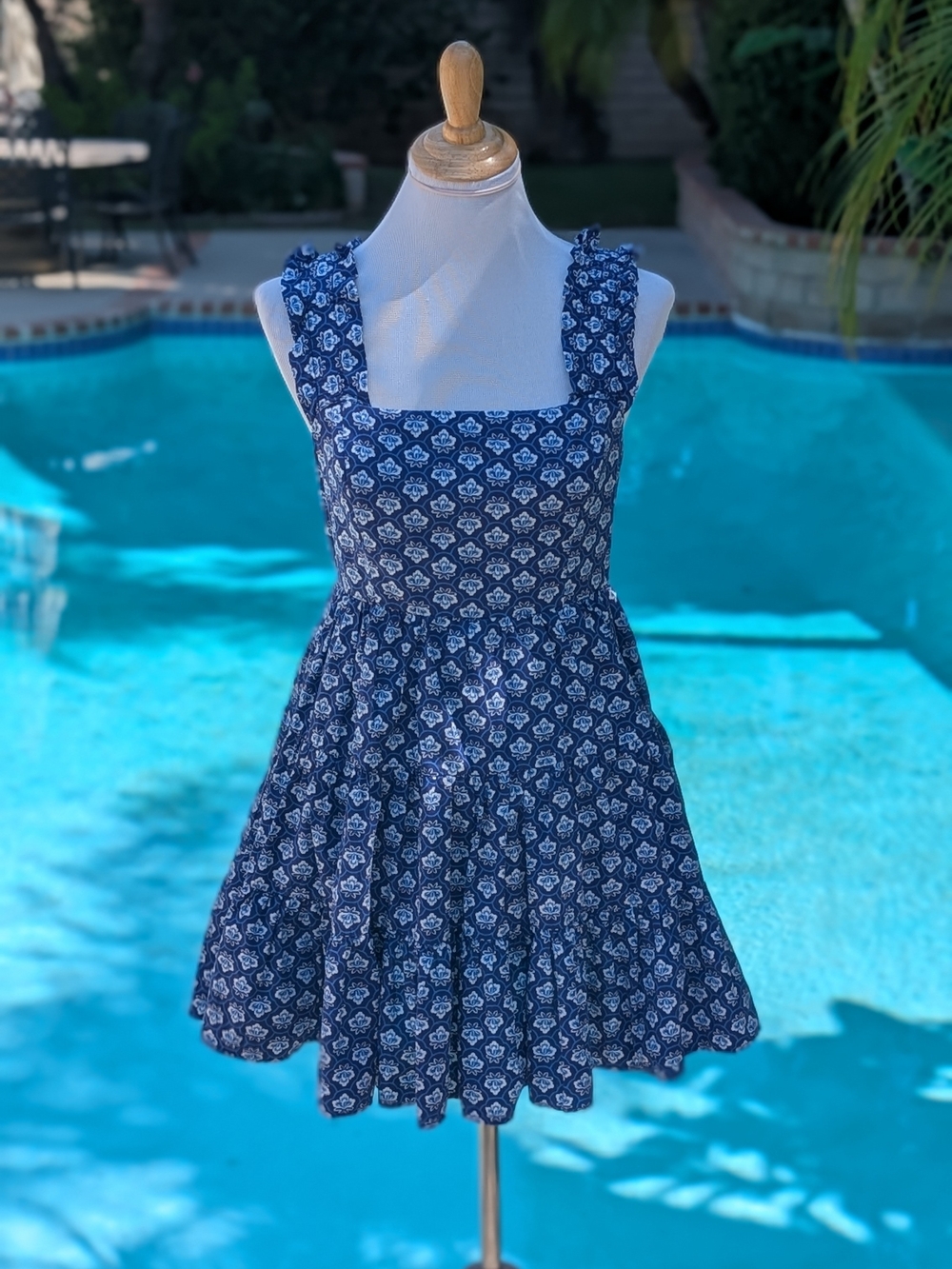 Aqua Navy Floral Mini Dress with White Print
